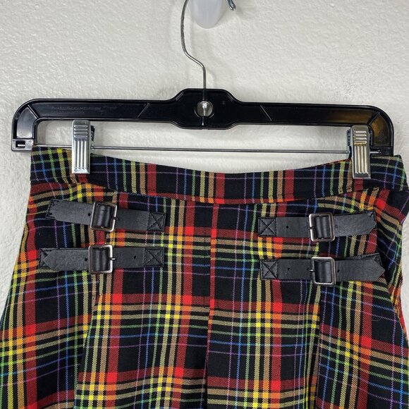 Hot Topic Rainbow Plaid Double Buckle Pleated Skirt Kilt Goth Punk Academia Sz S - Picture 4 of 6